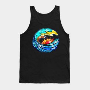 Island Expression with Big Surf Waves Morning Sun Retro Illustration Tank Top